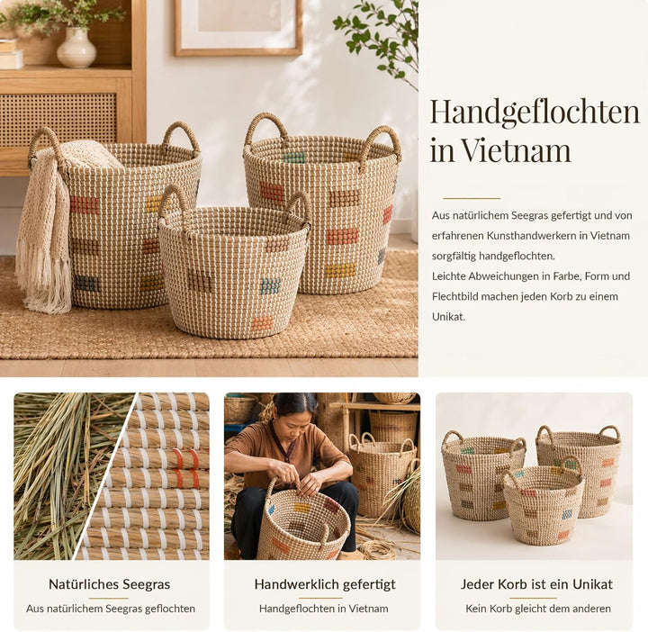 3er Set Aufbewahrungskorb Seegraskorb mit Griffen, Wäschekorb Geflochtener Korb, Handgeflochtener Sp