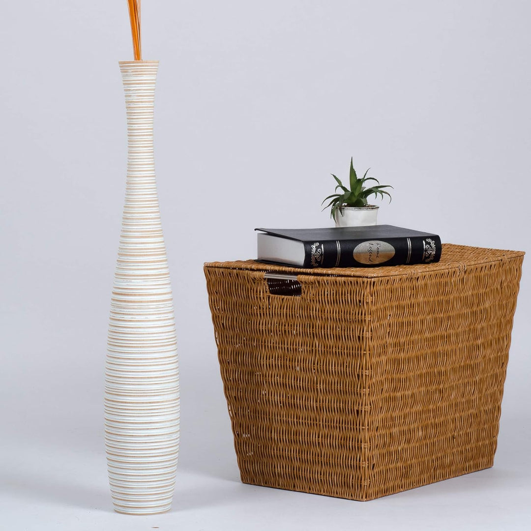 Leewadee Grosse Bodenvase für Dekozweige hohe Standvase Design Holzvase, Holz, 70 cm, White Wash 70