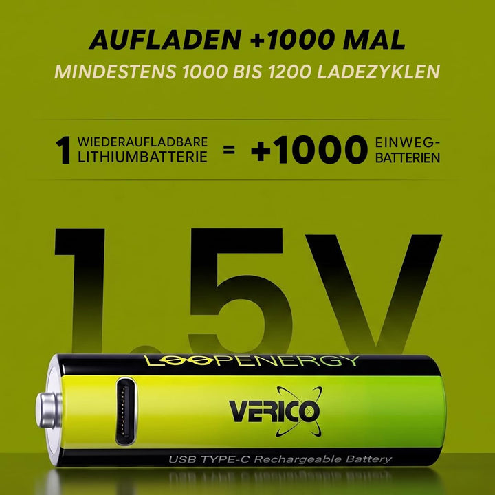 VERICO LoopEnergy AA 2550 Wiederaufladbare USB-C Batterie AA 1,5V 2550mWh (1700mAh) Li-Ion, Schnelll