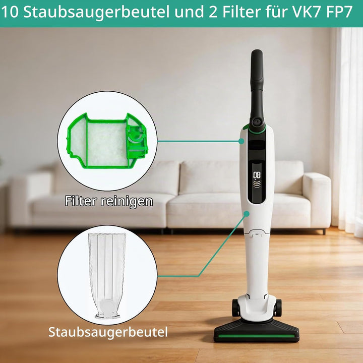 10 Stück Staubsaugerbeutel und 2 Filter für Vorwerk Kobold VK7 FP7 Premium Filtertüten Staubsauger A