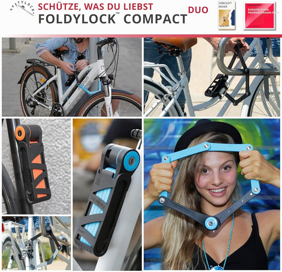 FoldyLock Compact Fahrrad Faltschlösser Set – 2 Fahrradschlösser mit 6 identischen Schlüsseln und Ha