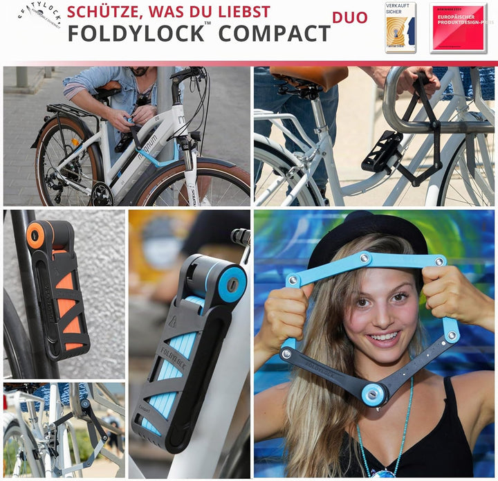 FoldyLock Compact Fahrrad Faltschlösser Set – 2 Fahrradschlösser mit 6 identischen Schlüsseln und Ha