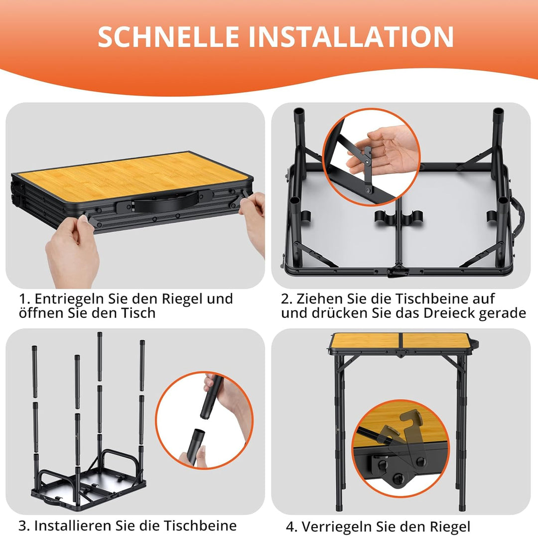 FUNYKICH Campingtisch Klapptisch 58x40cm, Faltbarer Grilltisch mit 3 Höhen Verstellbarer(26/48/70cm)