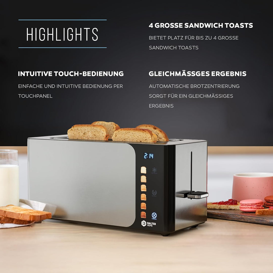 Balter Toaster 4 Scheiben, Touch Bedienung, Langschlitz, Edelstahl, Brötchenaufsatz, LCD Display Lan