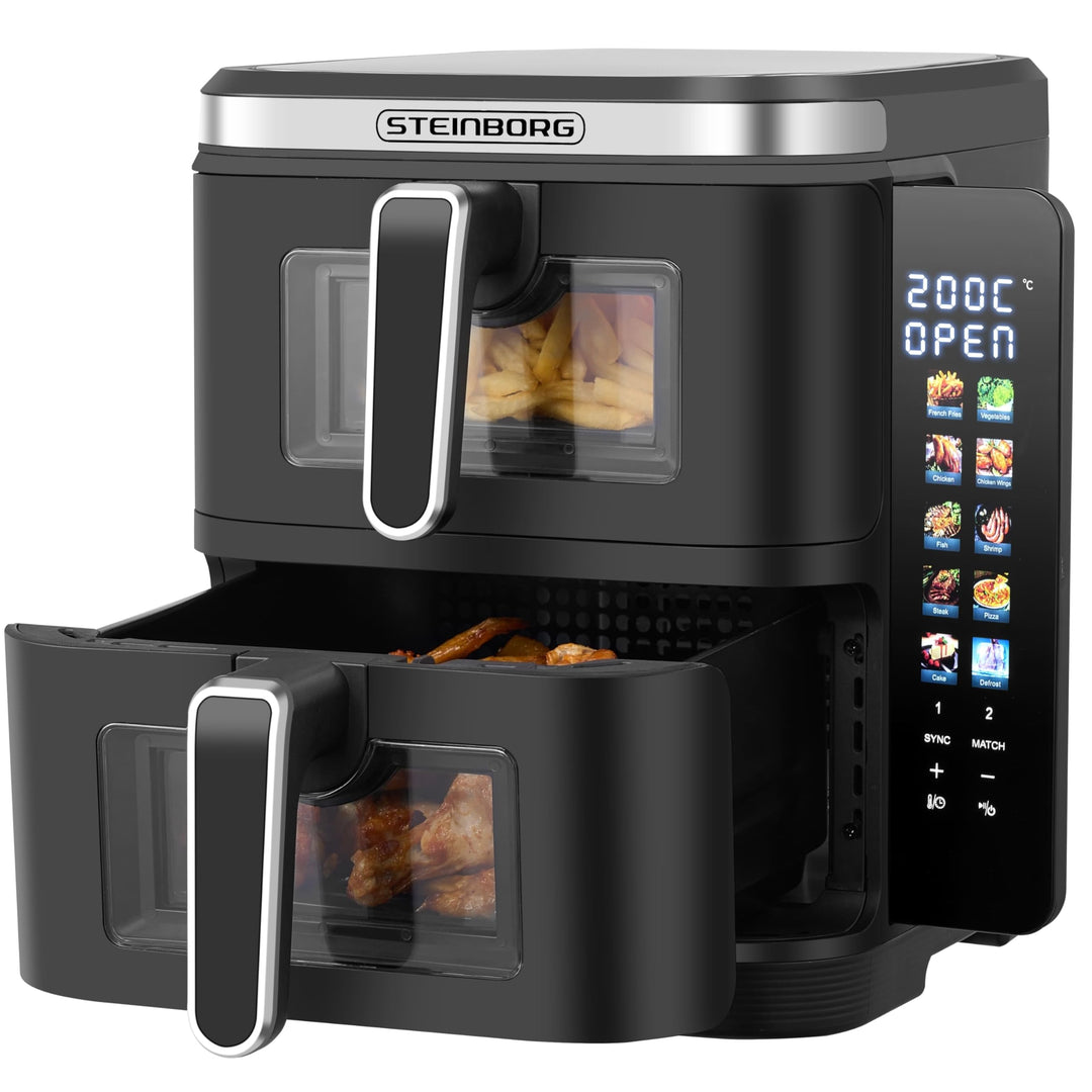 Steinborg® Heissluftfritteuse Doppelkammer 11 Liter Heissluft-Frittieren Heissluftfritteuse 2 vertik