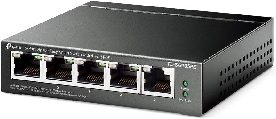 TP-Link TL-SG105PE 5-Port Gigabit Managed LAN PoE Switch mit 4 PoE+ Ports (65 Watt, IEEE-802.3af/at,