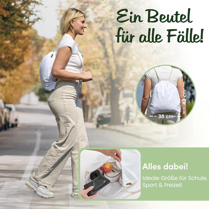 Baumwoll 10er Set Weisser Turnbeutel Sportbeutel Zuziehbeutel Gymsack Sack Jute Schule Rucksack, Wei