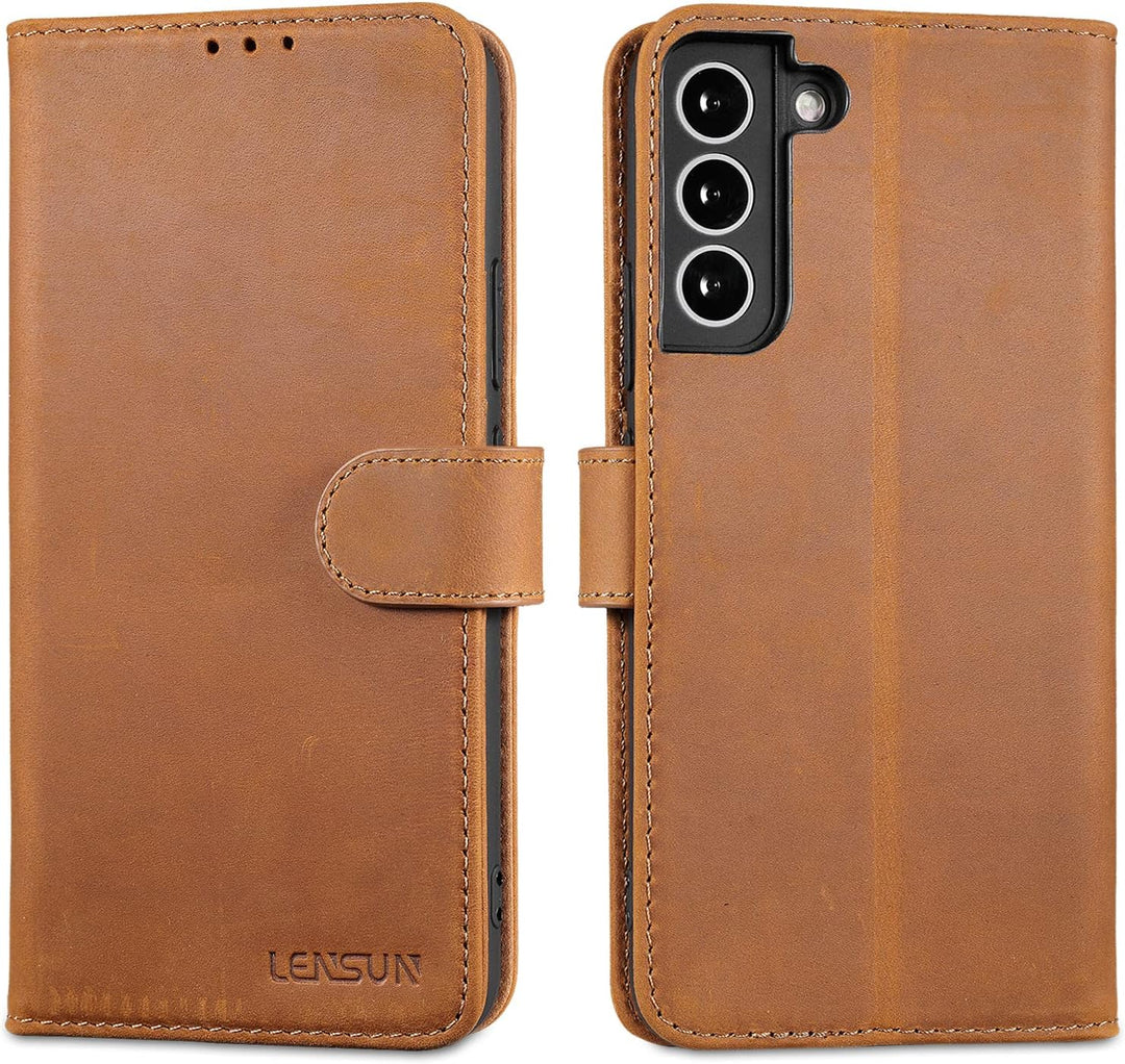 LENSUN Echtleder Hülle für Samsung Galaxy S22 Plus, Handyhülle [Echtes Leder][Magnetverschluss][RFID