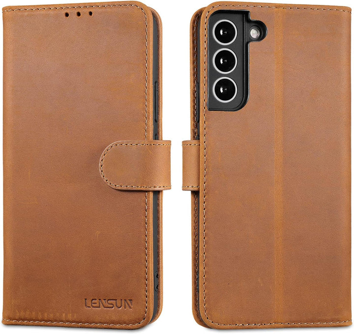 LENSUN Echtleder Hülle für Samsung Galaxy S22 Plus, Handyhülle [Echtes Leder][Magnetverschluss][RFID