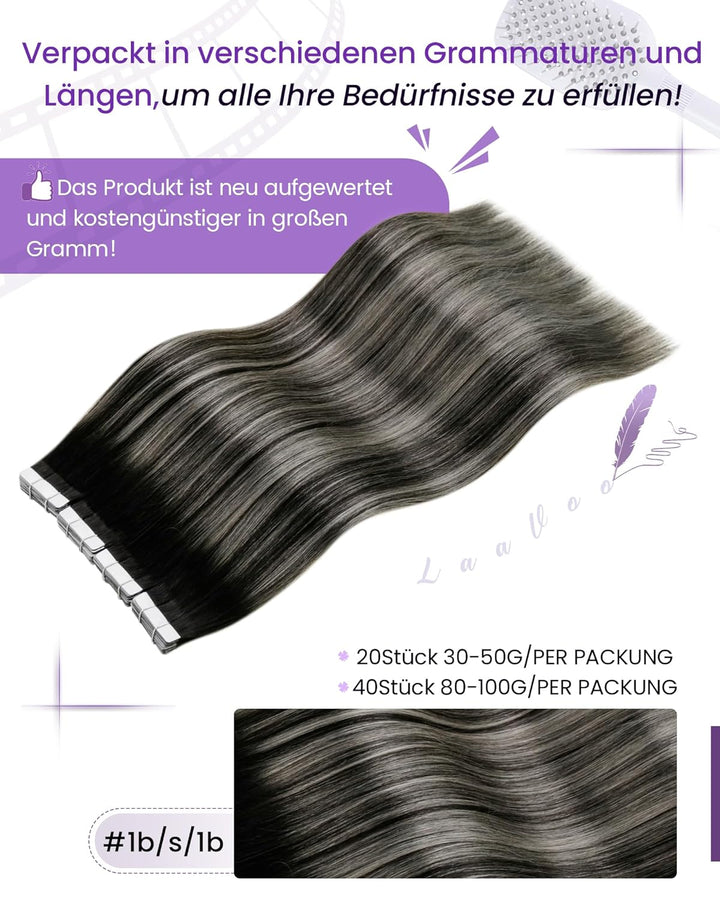 LaaVoo Tape in Extensions Ombre 60cm Tape in Haarverlängerung Echthaar Schwarz Balayage Silber Glatt