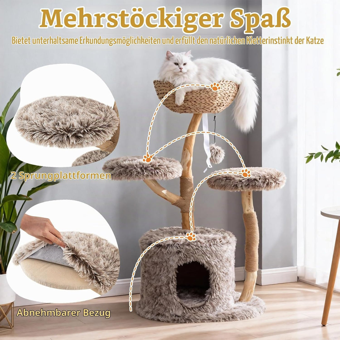 SOARS Kratzbaum Holz, 105 cm Katzenbaum mit Weidenkorb, Höhle, 2 Plattformen und Plüschball, Katzenk