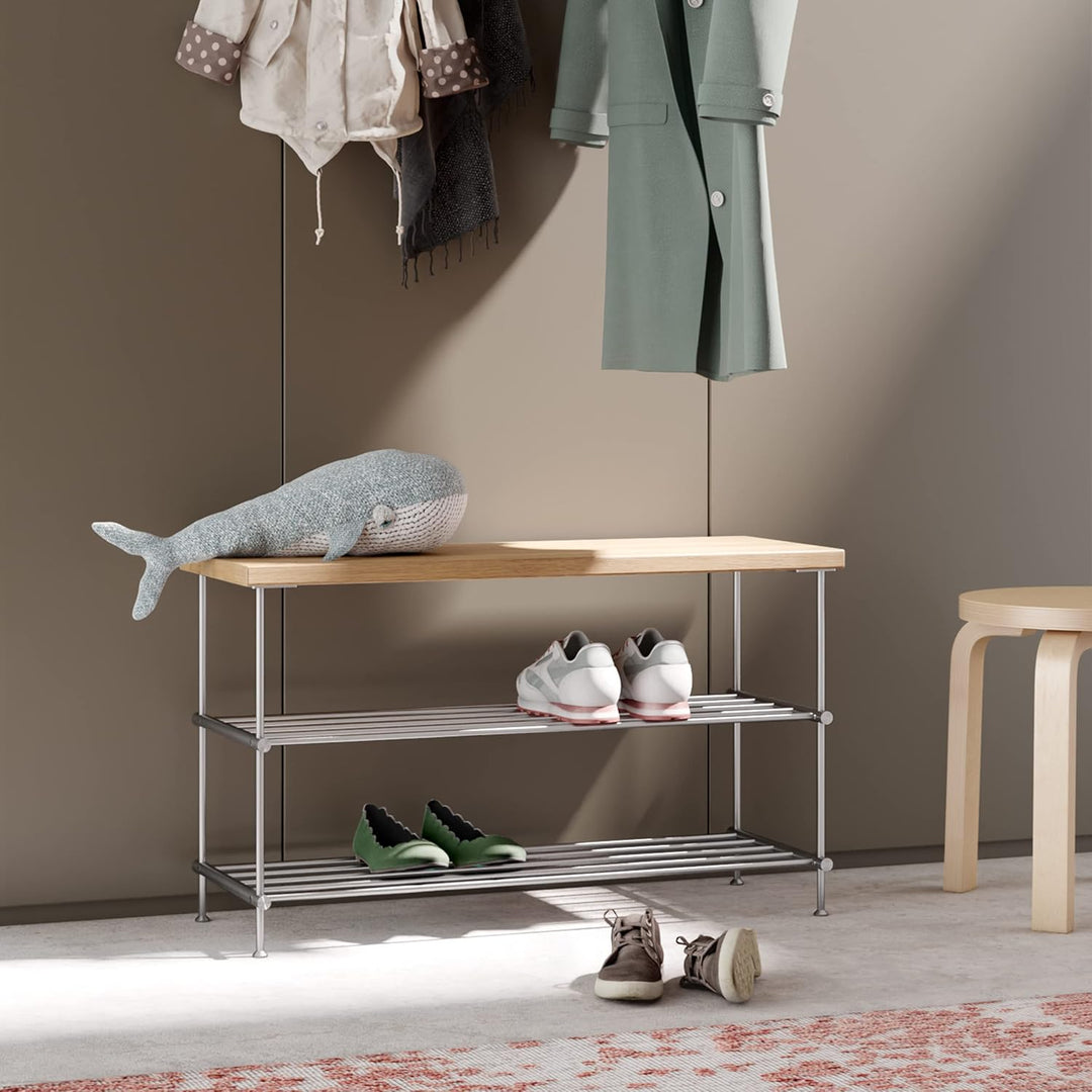 PHOS Design, SB600-2-Eiche, 60 cm Schuhbank mit massiver Eichenholz-Sitzfläche und 2 Edelstahl-Schuh