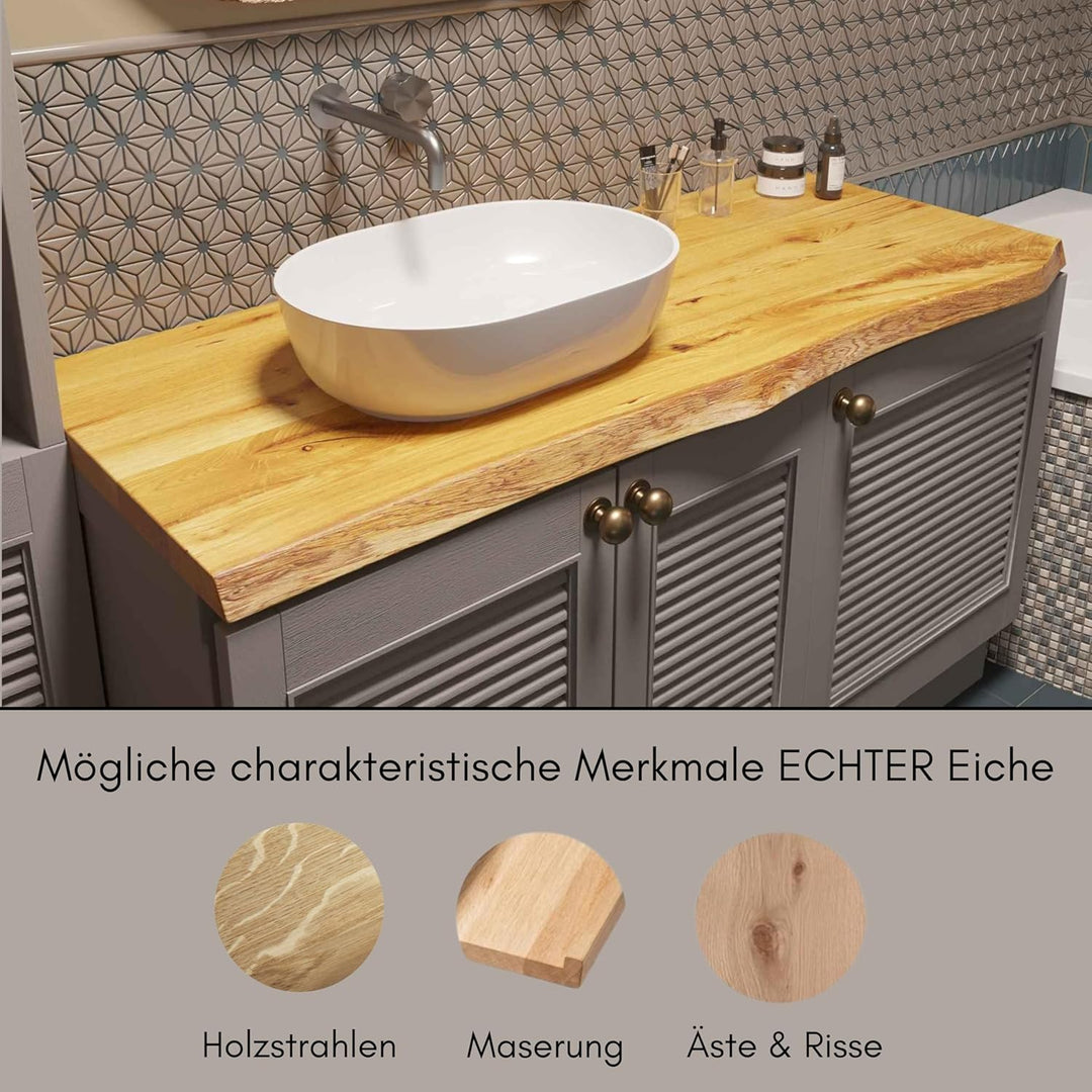 BestLoft Waschtischplatte Holz (Länge: 50 cm/Breite: 40-45 cm) Waschtisch Holz Eichenbrett Massiv 40