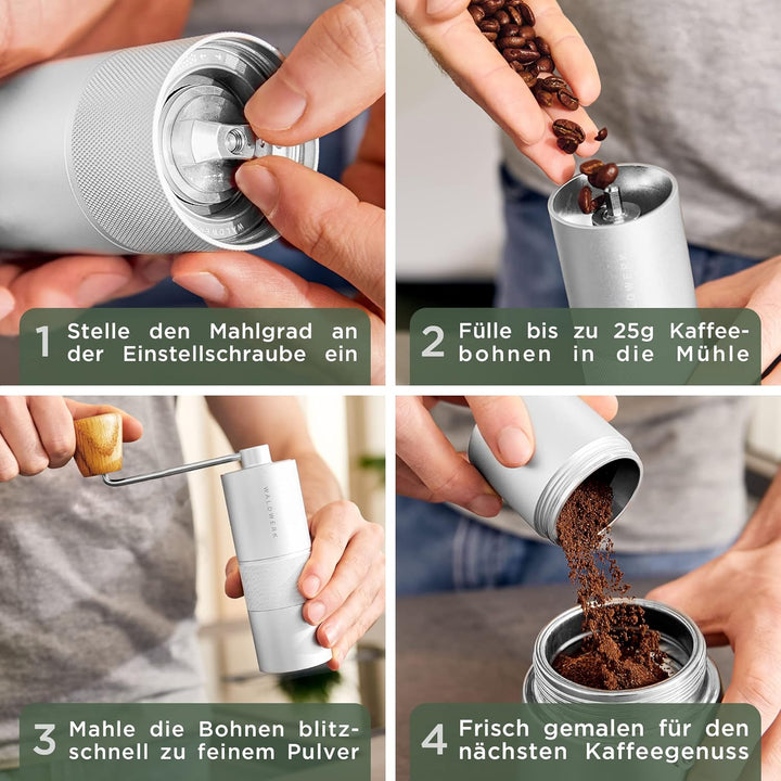 WALDWERK Kaffeemühle - Manuell Mit Präzisem Edelstahlmahlwerk - Kegelmahlwerk Mit Holzgriff - Plasti