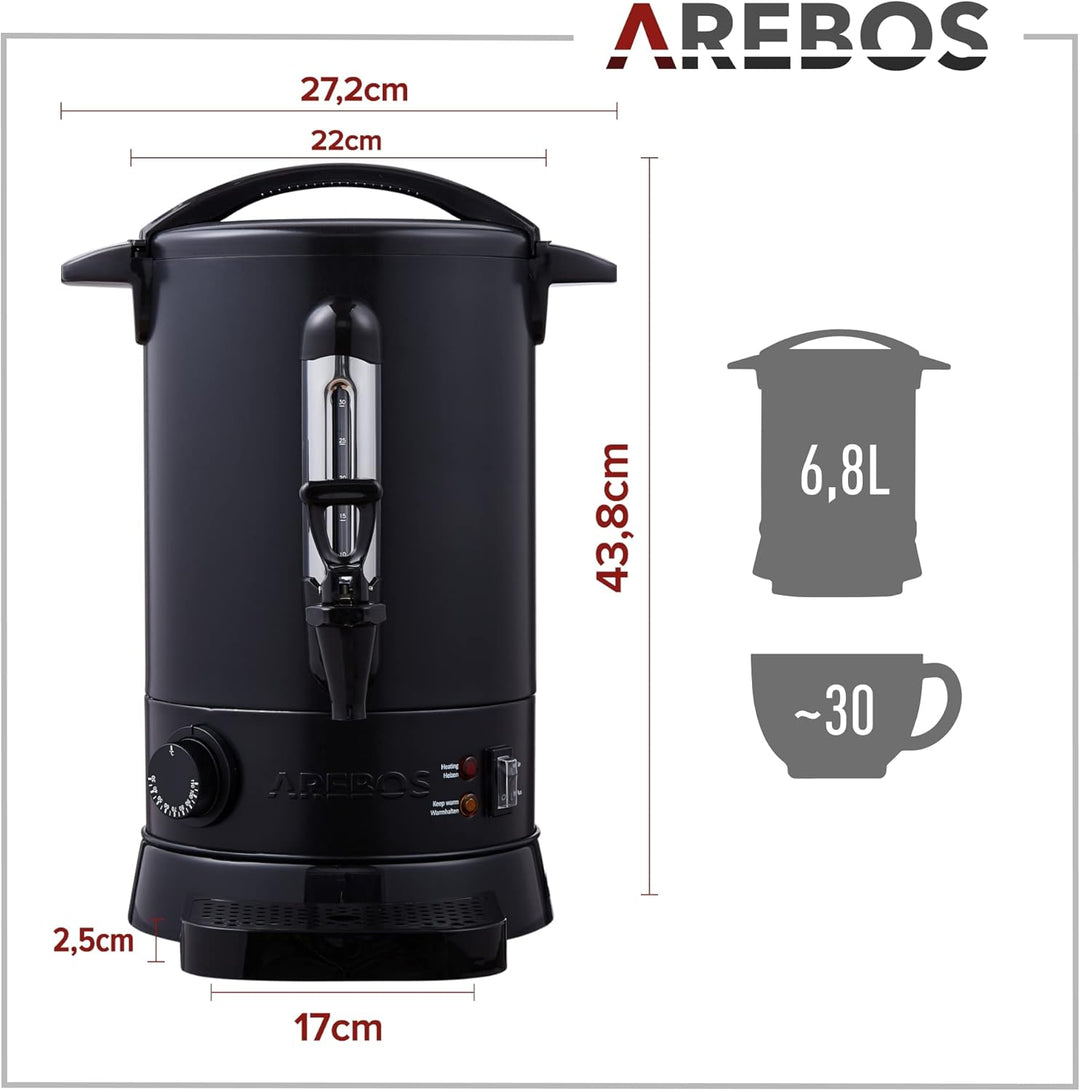 Arebos Glühweinkocher 950 W | Heissgetränkespender | 6,8 L | mit Auffangschale, Auslasshahn, Thermos