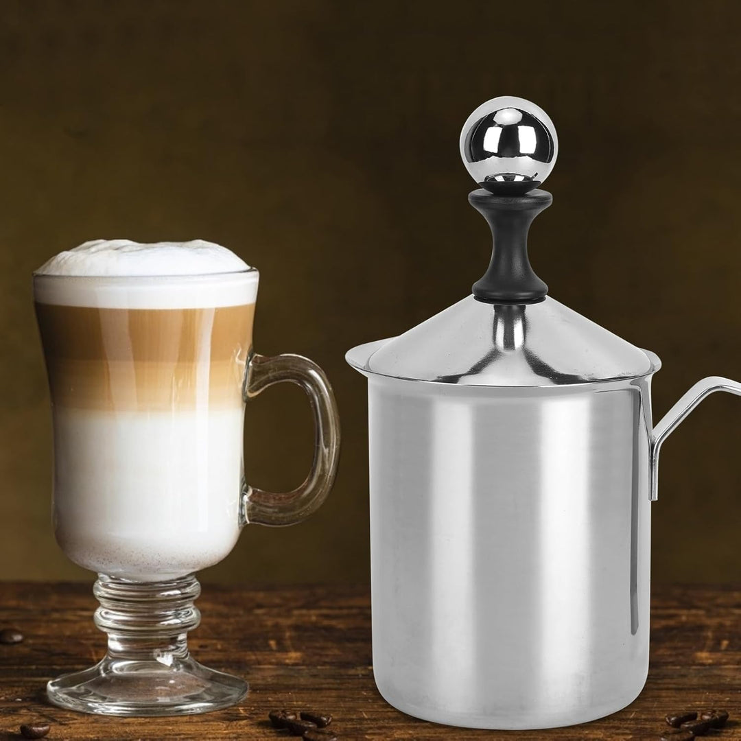 Manueller Milchaufschäumer, Handmilchaufschäumer aus Edelstahl mit Griff und Deckel für Kaffee Latte