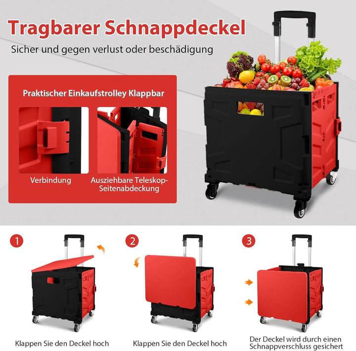 Einkaufstrolley Klappbar, Transport Trolley, bis 50 kg, 50 l Kiste, Einkaufskorb mit Deckel, Auszieh