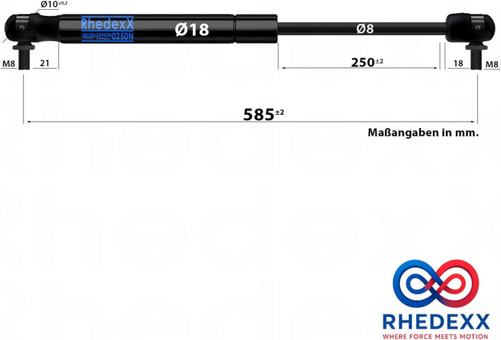 Gasdruckfeder RhedexX® AT927Z-2 0100N Gasdruckdämpfer mit M8 Winkelgelenk Kugelgelenk Kugelkopf 585m