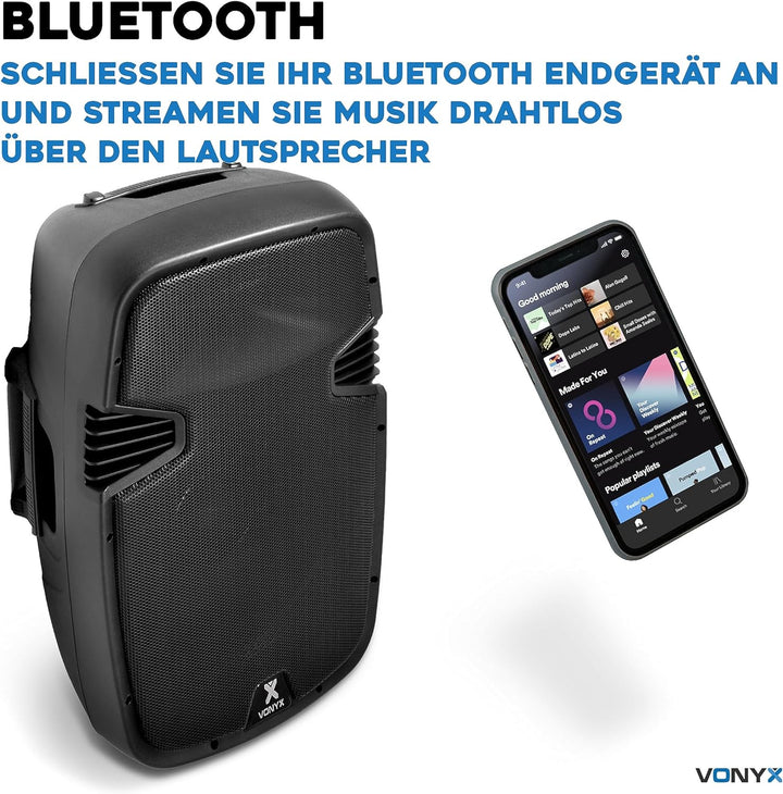 Vonyx SPJ-1500ABT MP3, PA Aktiv Lautsprecher, DJ Box, 800 Watt 15 Zoll High End Aktivpeaker, MP3-Pla
