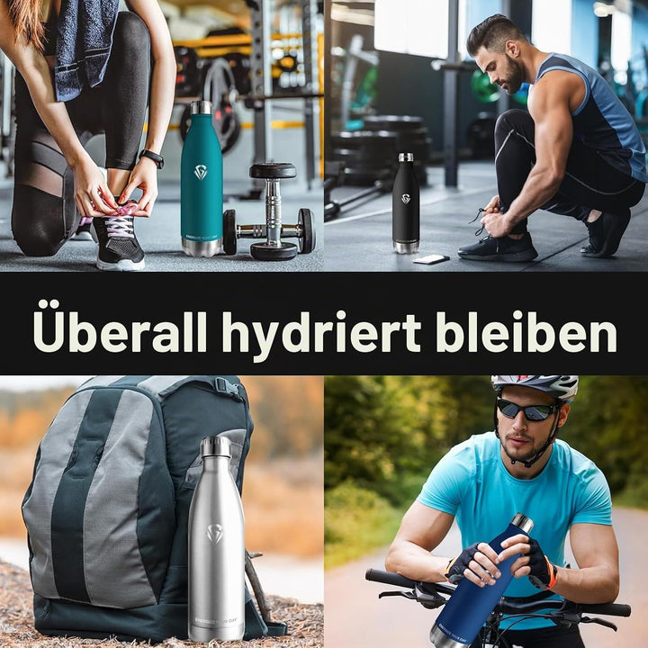 Grsta Trinkflasche 1l, Trinkflasche Edelstahl BPA-Freie, Thermosflasche Kalt&Warm, Trinkflasche Spor