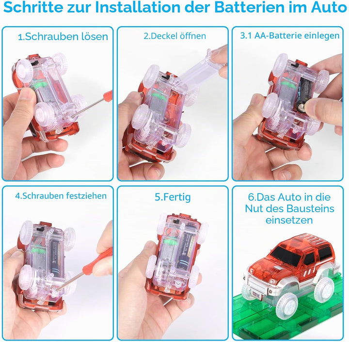 126Pcs Magnetisches Baustein Spielzeug für Bahnrennen, Magnetisches Bauspielzeug mit LED Rennwagen,