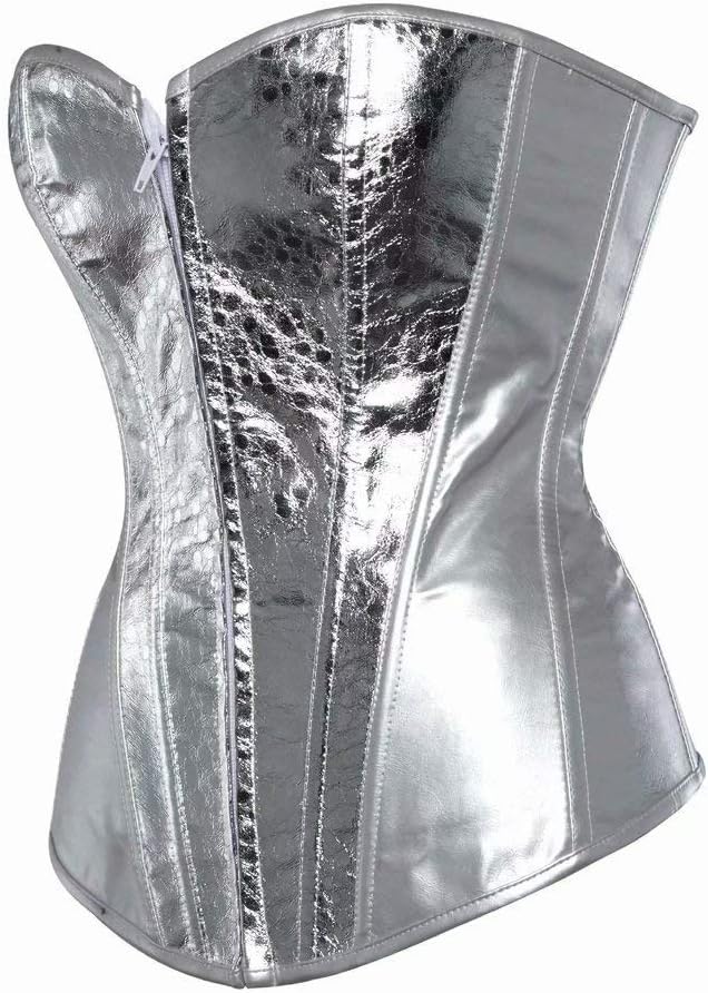 Josamogre Leder Korsett Corset Top Damen Kunstleder Corsage Gothic Reissverschluss Sexy 5XL Silver,