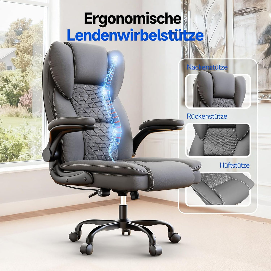 rattantree Bürostuhl, Grosser Ergonomischer Bürostuhl mit Verstellbarer Lendenwirbelstütze, PU Leder