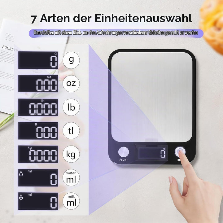1g/10kg wiederaufladbare digitale Küchenwaage, 17,5x15cm grosse Plattform elektronische Lebensmittel