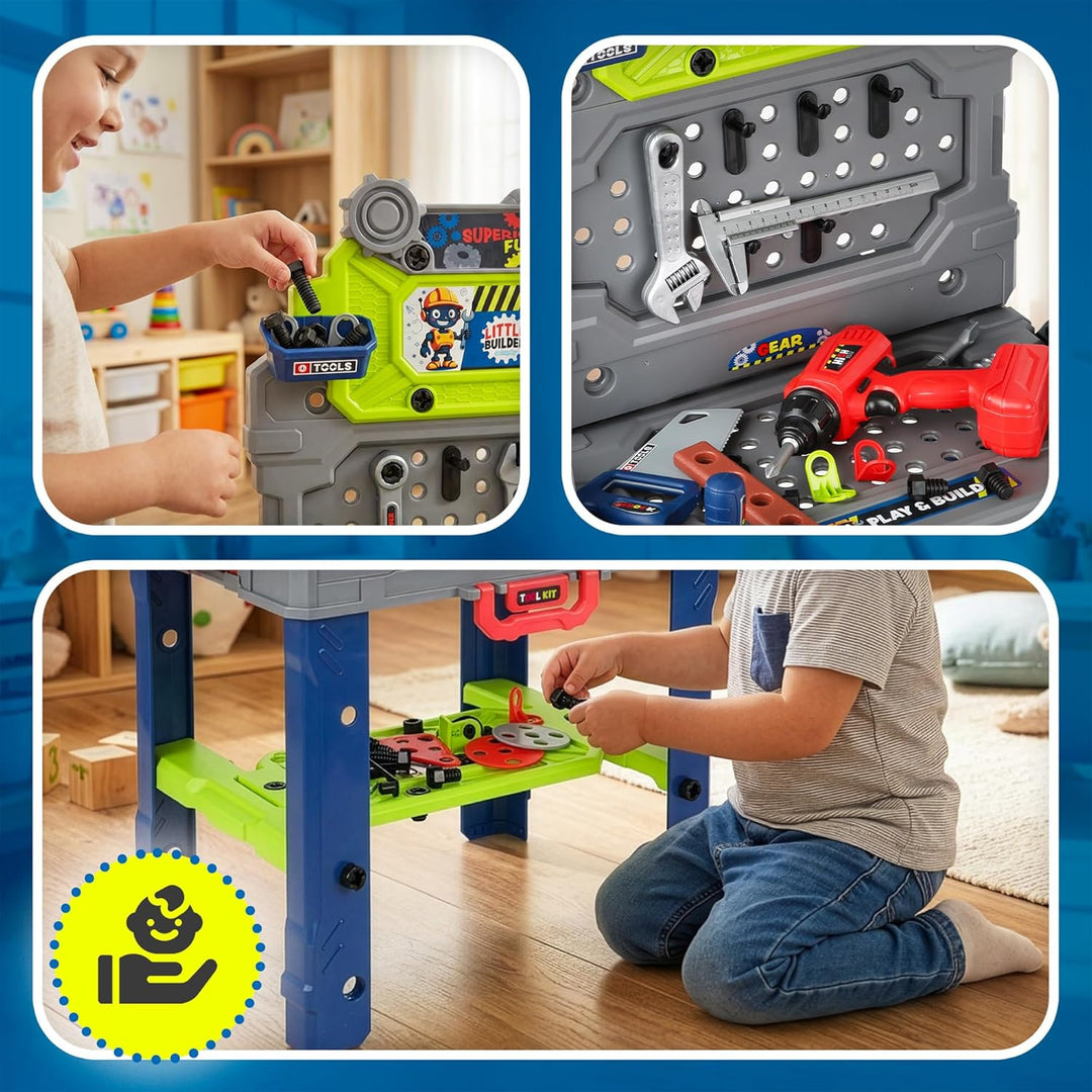 Kinderplay Kinder Werkbank 132 TLG mit Werkzeugset und Bohrmaschine, Werkstatt für Kinder ab 3 Jahre