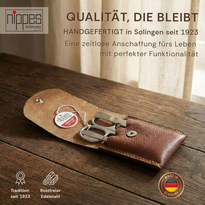 nippes Solingen Classic Premium-Maniküre Set, 3-teilig, Echtes Rindsleder-Nageletui, braun, Edelstah