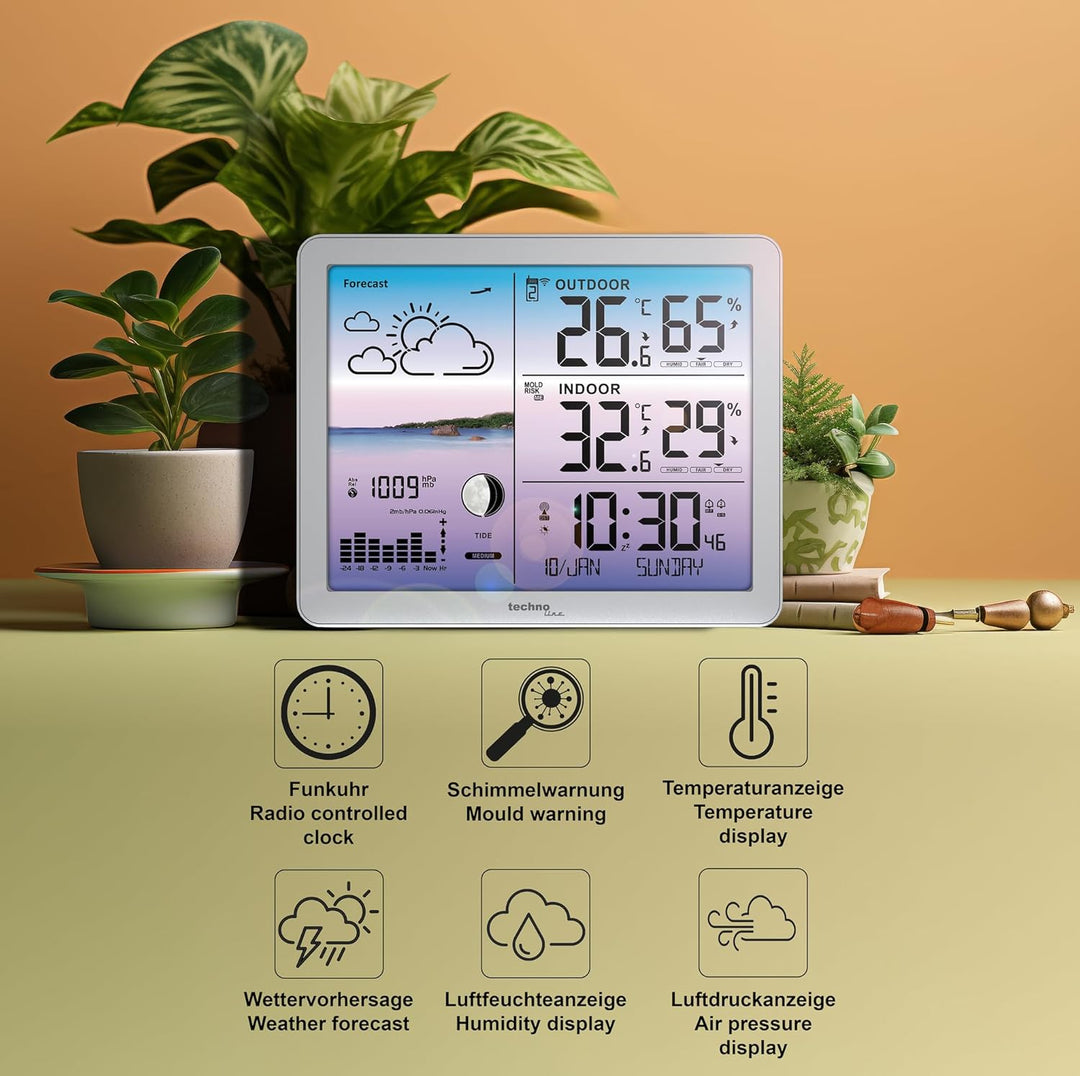 Technoline WS6520 Wetterstation mit farbiger Anzeige, Funkuhr, Temperaturanzeige, Schimmelwarnung, T