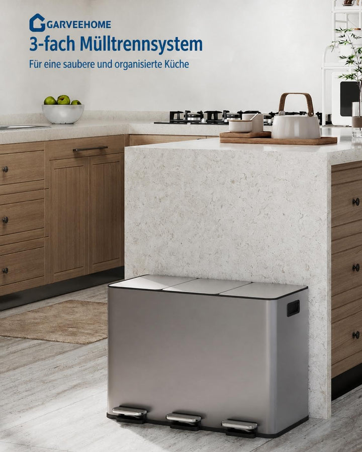 Acekool Mülleimer Küche 3 Fächer, Mülltrennsystem 3 x 15 Liter, Grau, Grau