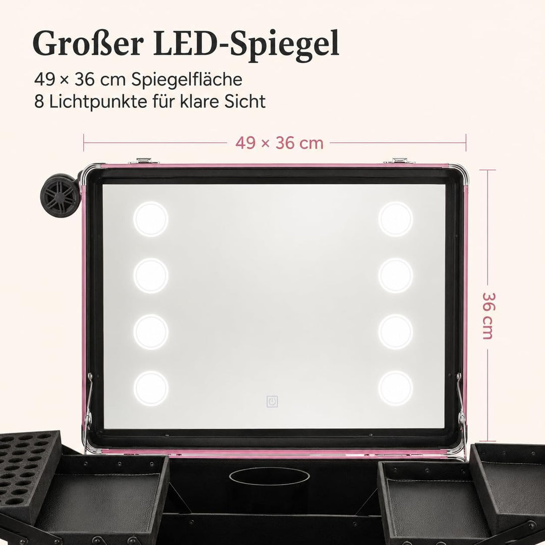 Kosmetikkoffer Trolley mit LED-Spiegel, Rosa, Aluminium, 82 cm | Ausziehbare Beine, 49 x 36 cm Spieg