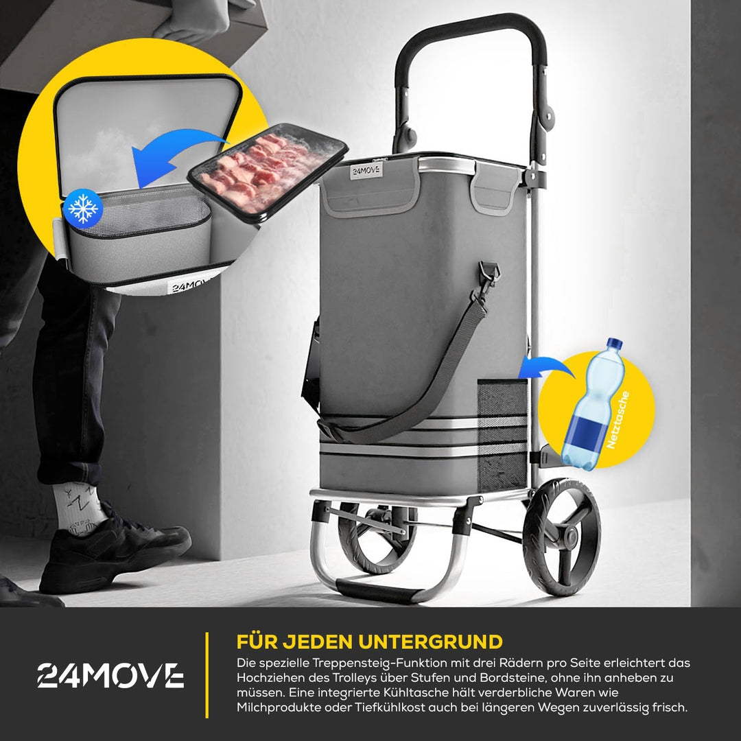 24MOVE® Einkaufstrolley Vehlo klappbar mit 55L inkl. Kühlfach, Faltbarer 3in1 Trolley - Sackkarre un