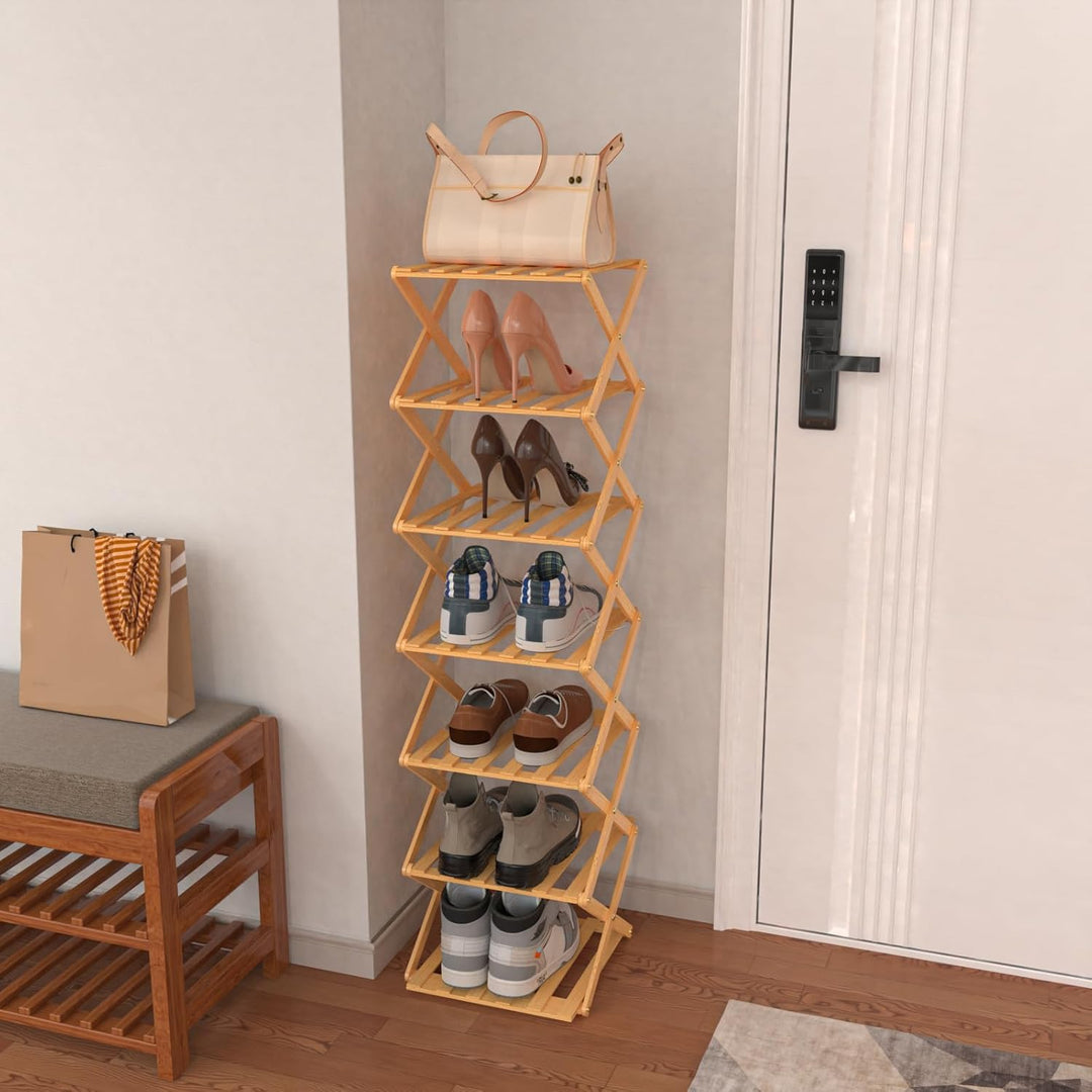 homewell Schuhregal aus Bambus mit 7 Ebenen, vertikales Schuhablage, Faltbares Montagefreies, Schuhr