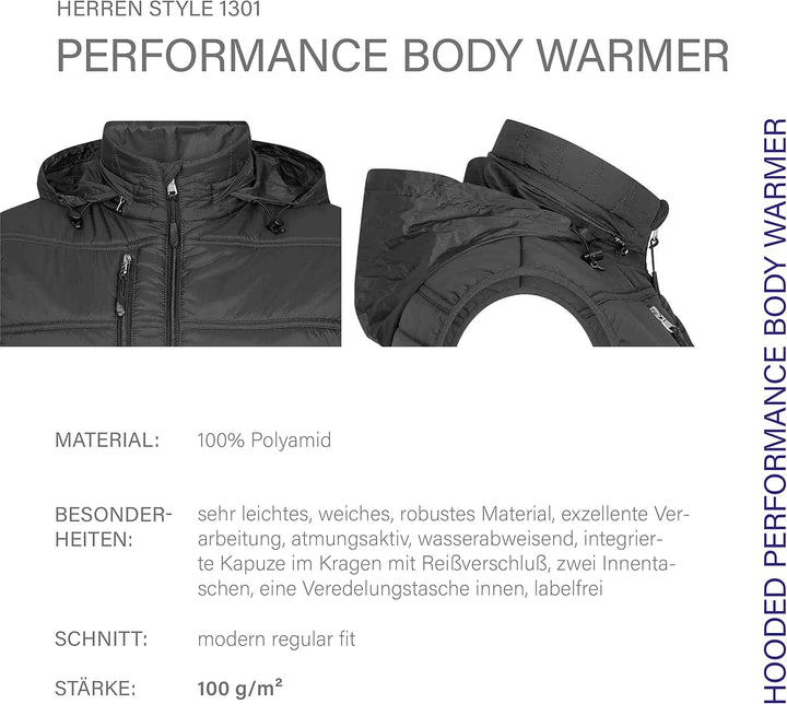 HRM Herren Hooded Performance Body Warmer I Fair Trade Outdoor Weste, 100 g/m² I Aus 100% leichtem &amp;