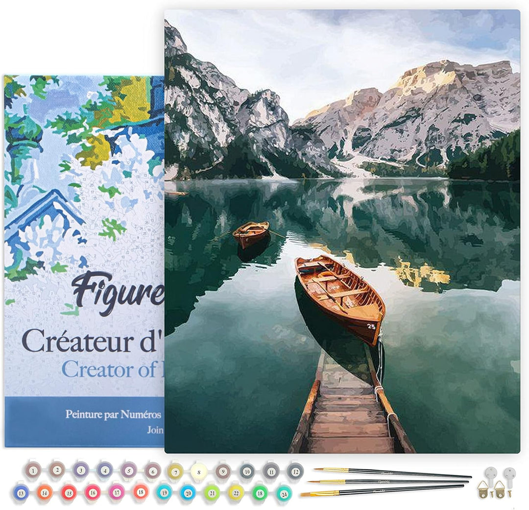Figured'Art Malen Nach Zahlen Erwachsene Mit Rahmen Boot und Gebirgssee - Paint by Numbers Basteln D