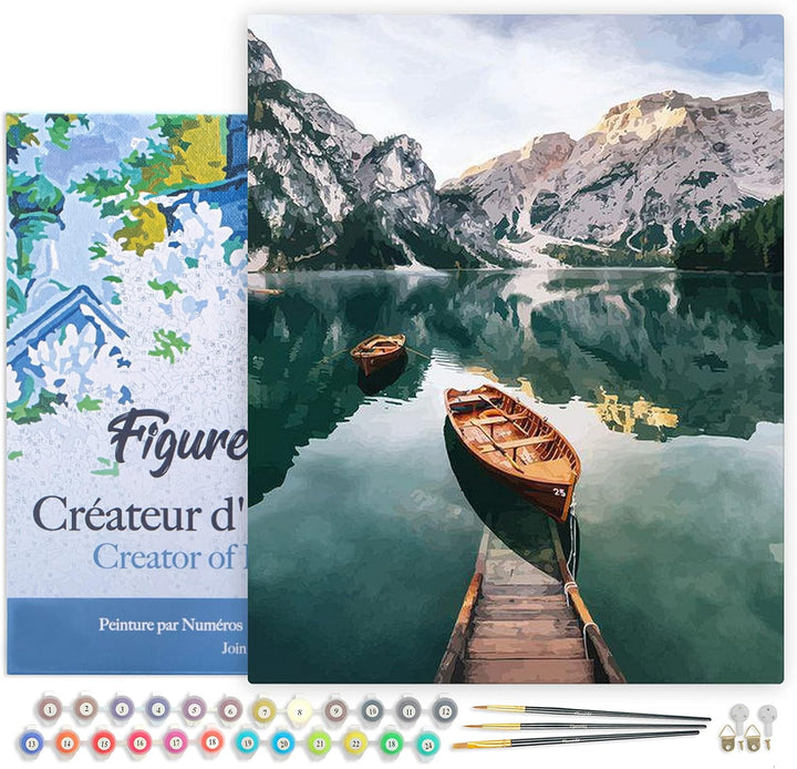 Figured'Art Malen Nach Zahlen Erwachsene Mit Rahmen Boot und Gebirgssee - Paint by Numbers Basteln D
