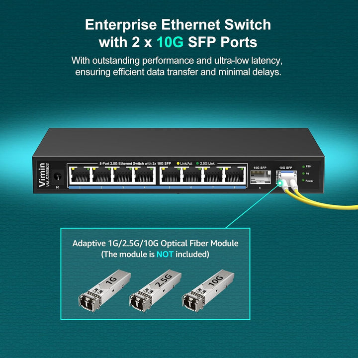 10-Port 2,5G Unmanaged Netzwerk Switch, 8X 2,5Gbase-T Ethernet Ports, 2X 10G SFP+, 120Gbps Switching