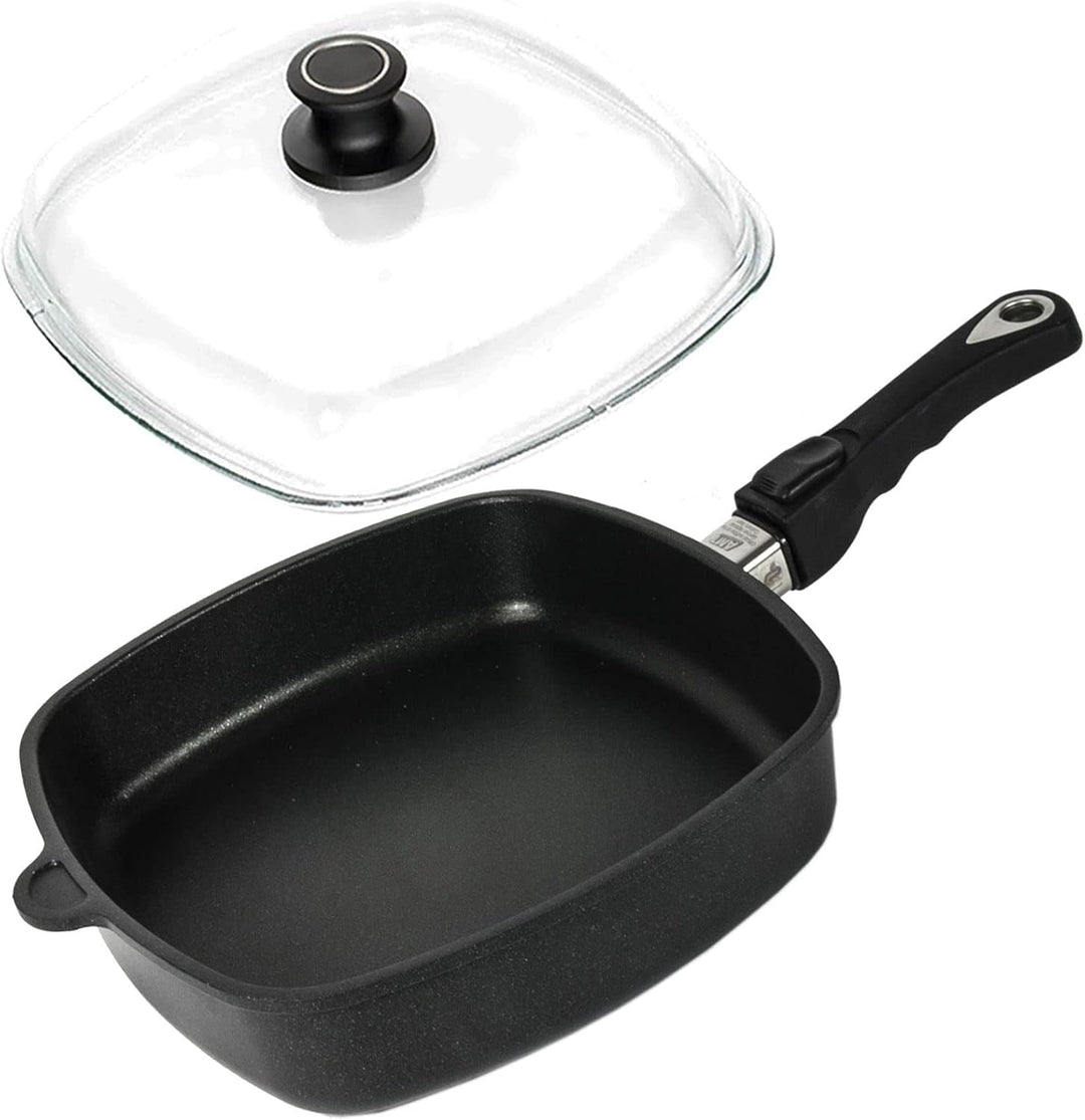 AMT Gastroguss Eckpfanne 28 x 28 cm, 5 cm hoch, glatter Boden, abnehmbarer Stiel, induktionsgeeignet
