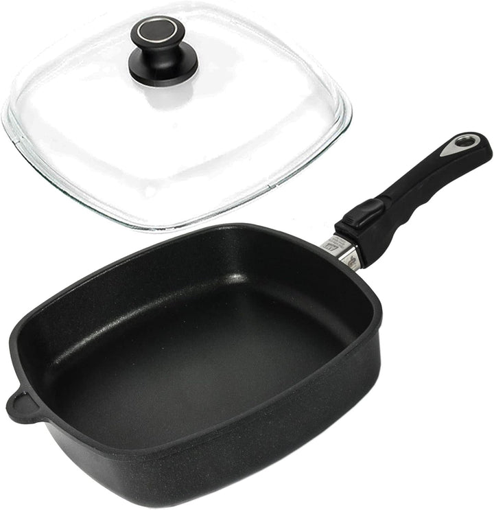 AMT Gastroguss Eckpfanne 28 x 28 cm, 5 cm hoch, glatter Boden, abnehmbarer Stiel, induktionsgeeignet