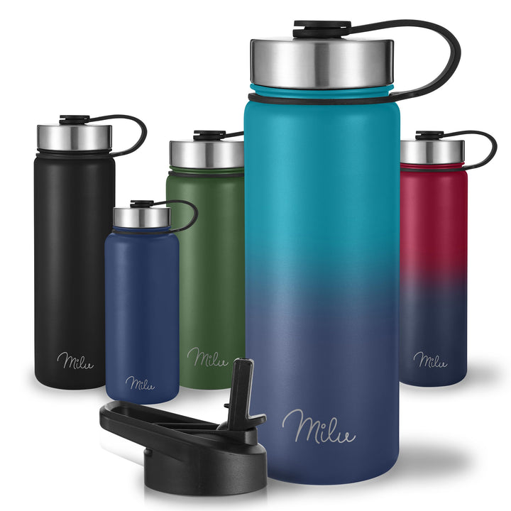 Milu Edelstahl Trinkflasche 500ml, 750ml, 1000ml (+3 Deckel) - Thermosflasche mit Strohhalm, Isolier