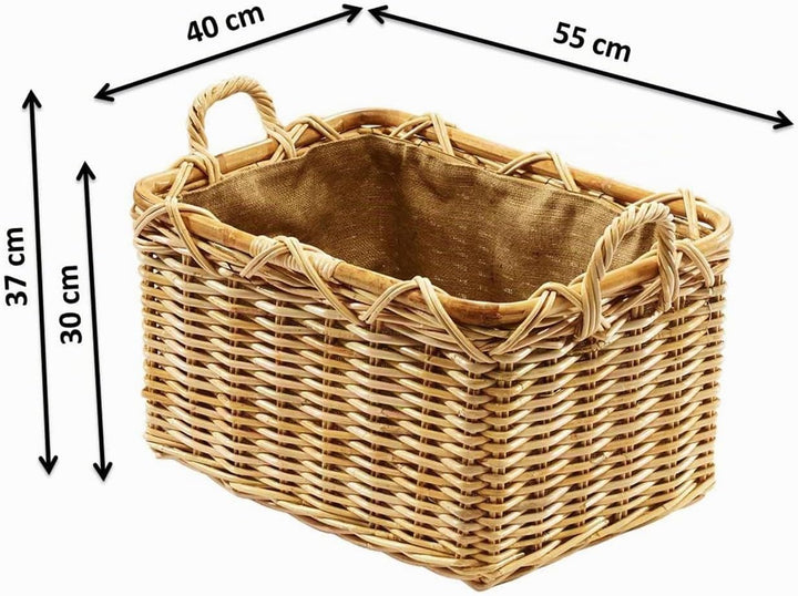 Kobolo Holzkorb für Kaminholz rechteckig natur aus Rattan mit Griffen und