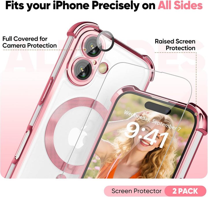 GOODVISH Handykette für iPhone 16 Hülle mit Band Magnetisch, Rosé | mit 2 Stück Schutzfolie, mit Kam