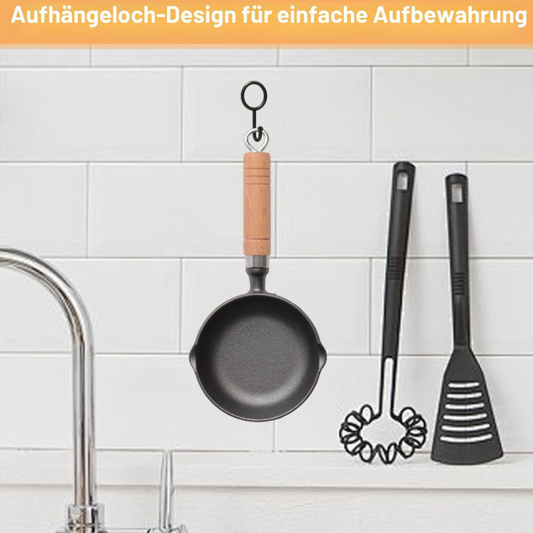 Gusseisen Schmelztopf, 11cm Mini Antihaft Topf Gusseisen, Pfanne Eier Bratpfanne mit Holzgriff, Öl H