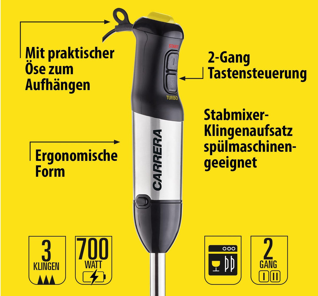 CARRERA Stabmixer [10 Geschwindigkeiten] Pürierstab - Hand Blender - Mixstab Set - Edelstahl - Rührs