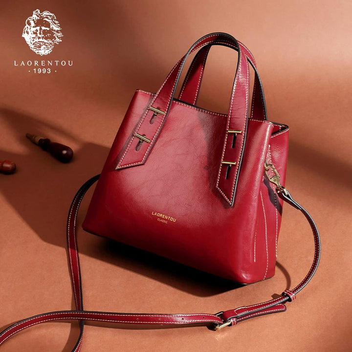 LAORENTOU Damen-Handtasche aus echtem Leder mit Tragegriff oben 01-1 Rot (Kleine Grösse), 01-1 Rot (