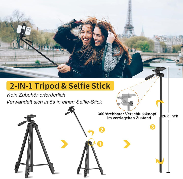 KINGJOY Handy Kamera Stativ 60" Leichtes Smartphone Stativ mit Fernauslöser, 360°Drehung Tragbar Tri