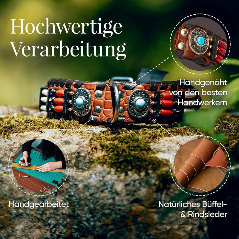 MICHUR Carlota Halsband Indianer, Hundehalsband Leder Braun, Lederhalsband Hund, Halsband, MIT TÜRKI
