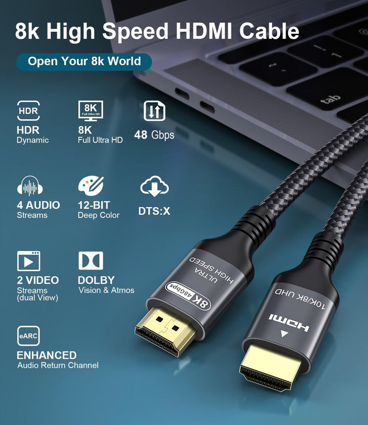Adauxter 10K 8K HDMI 2.1 Kabel 7.5M, Zertifiziert 48Gbps Ultra High Speed HDMI Kabel mit Ethernet 4K